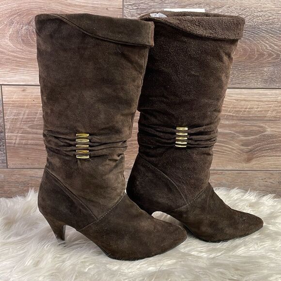 Predictions Ladies Leather Heeled Calf High Boots, Size 7 1/2M, Brown - Picture 1 of 11